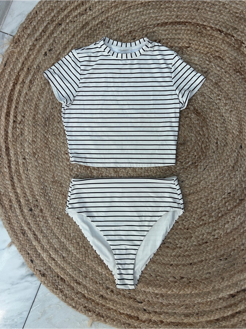 Calia Coastal Stripe High Waist Bikini Swimsuit Rashguard Set Medium Women White